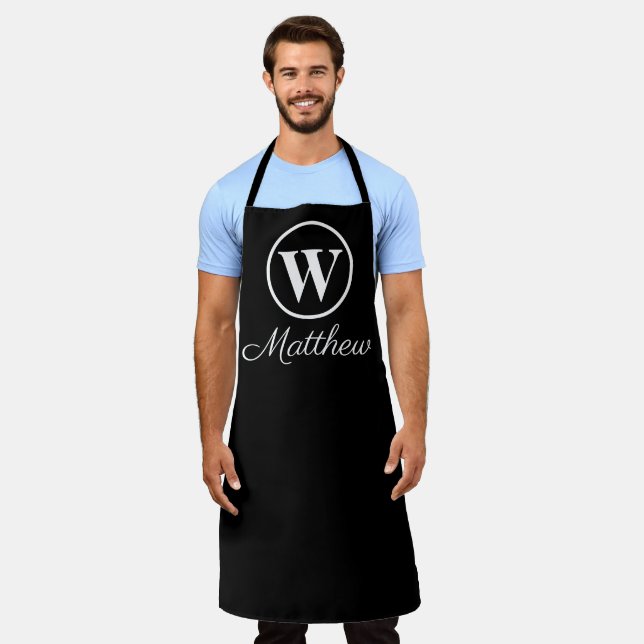 Modern Minimalist Black White Monogram Monogrammed Apron (Worn)