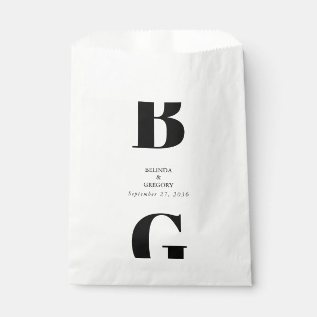 Modern Minimalist Black & White Monogram Wedding  Favour Bag (Front)
