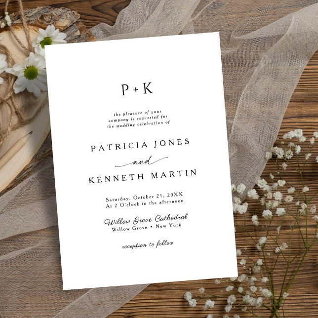 Modern Minimalist Black & White Monogram Wedding Invitation (Creator Uploaded)