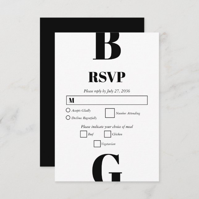 Modern Minimalist Black & White Monogram Wedding  RSVP Card (Front/Back)