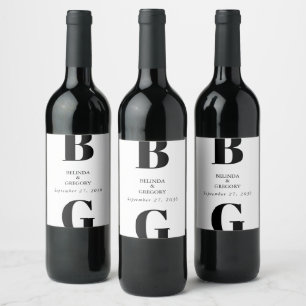 Modern Minimalist Black & White Monogram Wedding  Wine Label