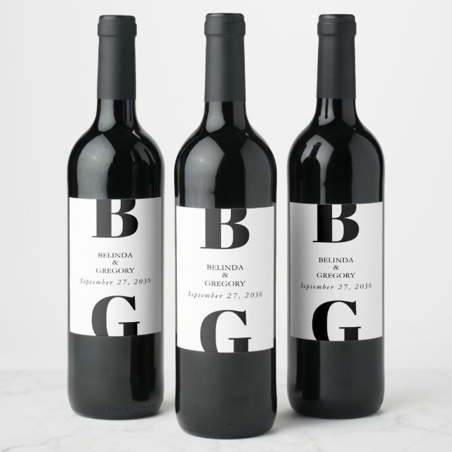 Modern Minimalist Black & White Monogram Wedding  Wine Label (Bottles)