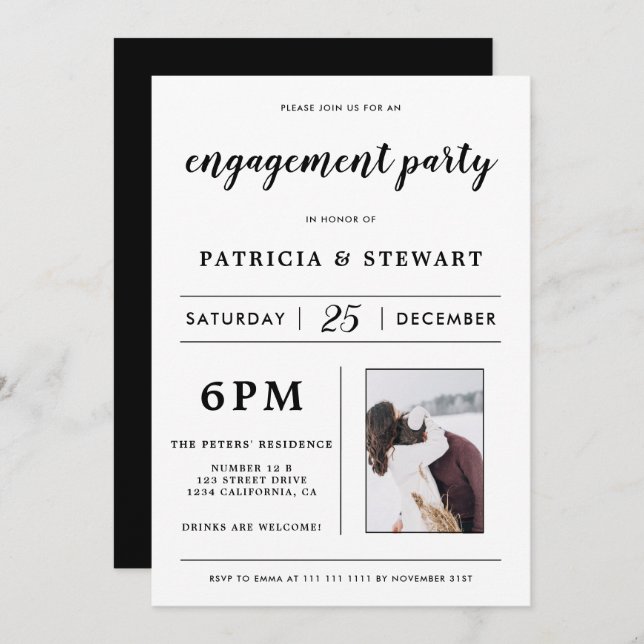 Modern minimalist black white photo engagement invitation (Front/Back)