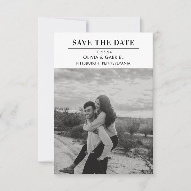 Modern Minimalist Black White Photo Save the Date  (Front)