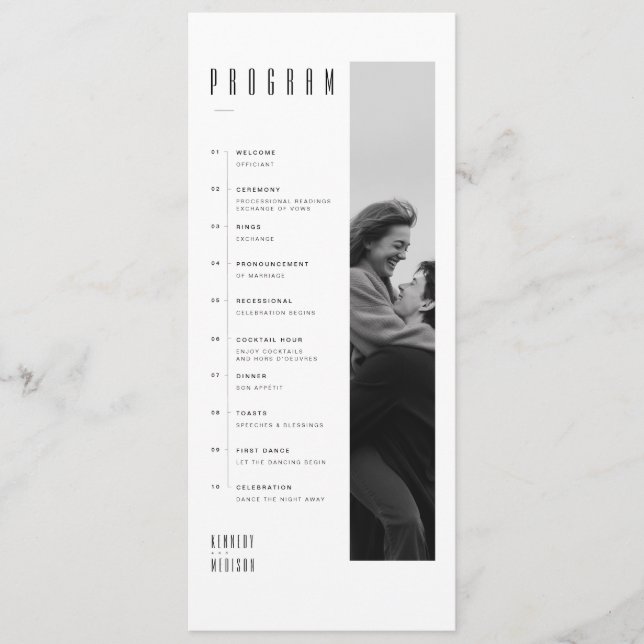 Modern Minimalist Black & White Photo Wedding Program (Front)