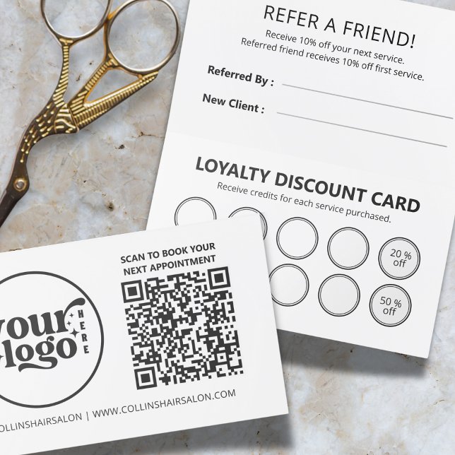 Modern Minimalist Black White Refer QR Code Salon  Loyalty Card (Modern Minimalist Black White Refer QR Code Salon Loyalty Card)