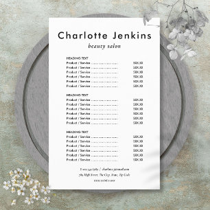 Modern Minimalist Black White Salon Service Menu