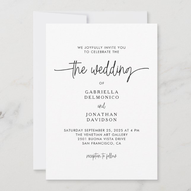 Modern Minimalist Black White Script Wedding Invitation (Front)