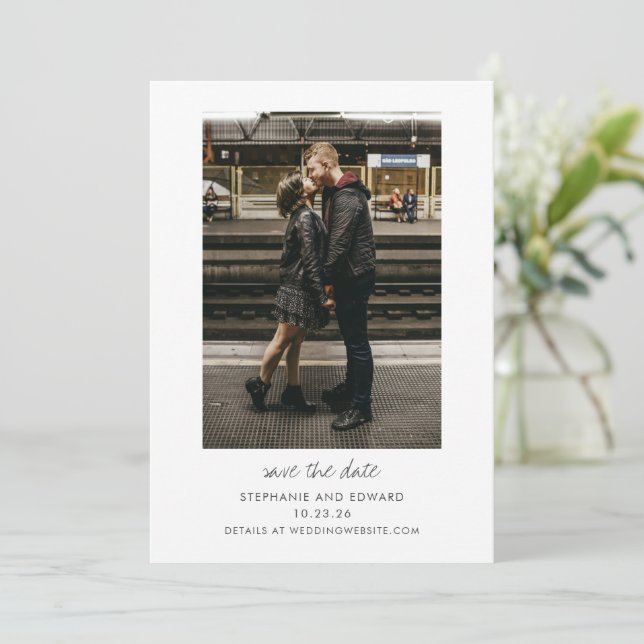 Modern Minimalist Black White Simple Photo Wedding Save The Date (Standing Front)