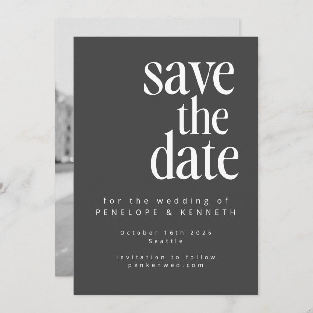 Modern Minimalist Black White Simple Photo Wedding Save The Date (Front/Back)