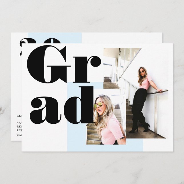 Modern minimalist blue 2 photos graduation invitation (Front/Back)