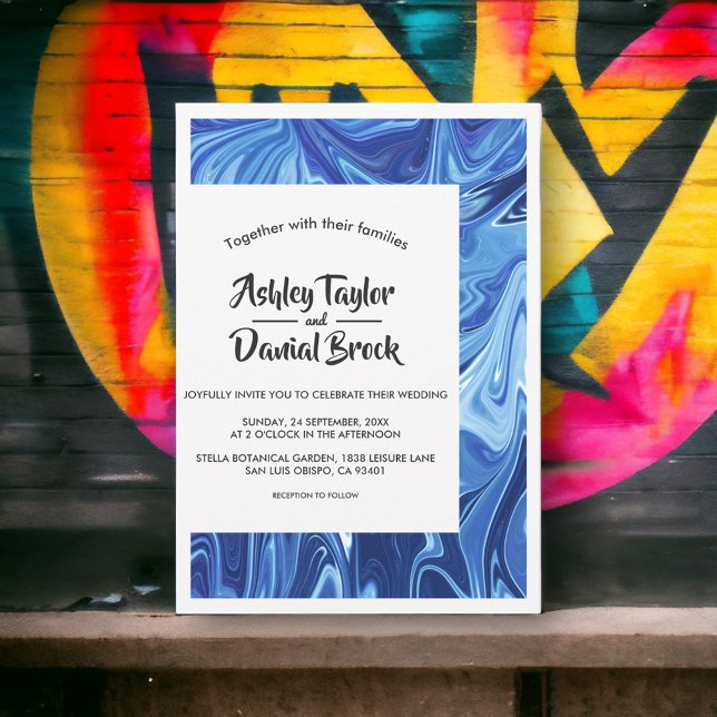 Modern Minimalist Blue Abstract Art Script Wedding Invitation (Creator Uploaded)