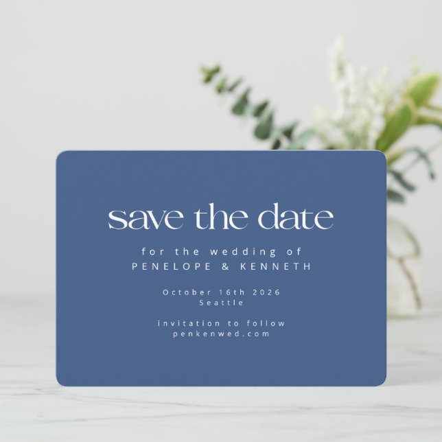 Modern Minimalist Blue Chic Simple Wedding Save The Date (Standing Front)