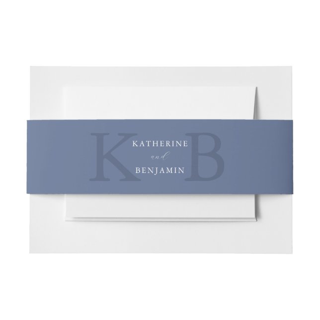 Modern Minimalist Blue Monogram Wedding Invitation Belly Band (Front Example)