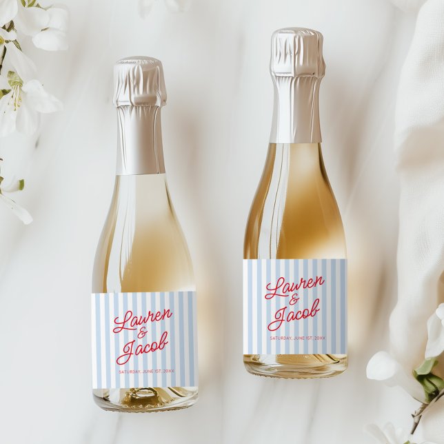Modern Minimalist Blue Stripes Red Wedding Mini Sparkling Wine Label (Creator Uploaded)