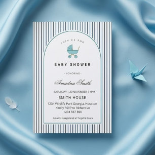 Modern & Minimalist Blue Stripes Stroller Baby Boy Invitation