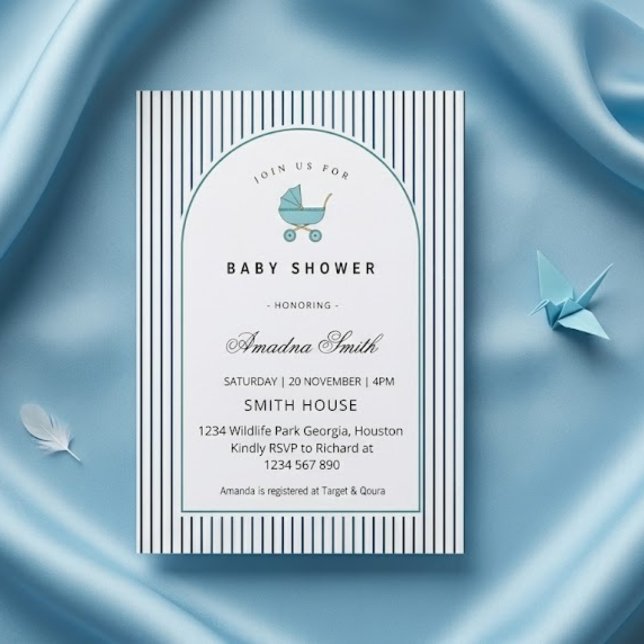 Modern & Minimalist Blue Stripes Stroller Baby Boy Invitation (Creator Uploaded)