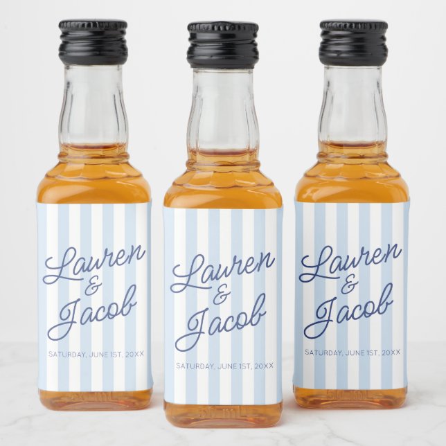 Modern Minimalist Blue Stripes Wedding Mini Liquor Bottle Label (Bottles)
