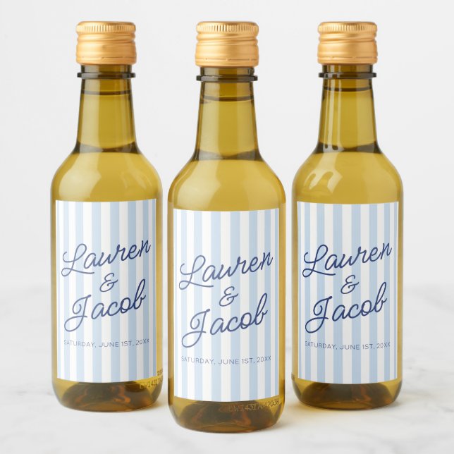 Modern Minimalist Blue Stripes Wedding Mini Wine Label (Bottles)