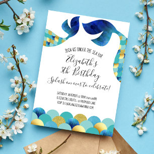 Modern Minimalist Blue Teal Mermaid Birthday Invitation