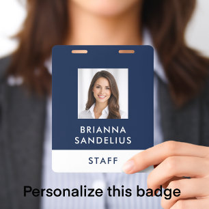Modern Minimalist Blue & White Photo ID Staff Badge