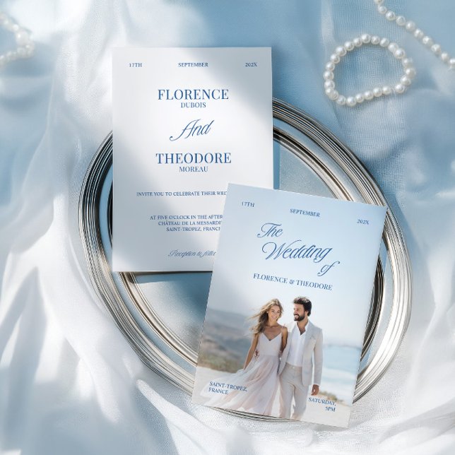 Modern Minimalist Blue & White Photo Wedding Invitation (Modern Minimalist Blue & White Photo Wedding Invitation)