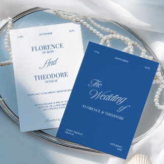 Modern Minimalist Blue & White Wedding Invitation