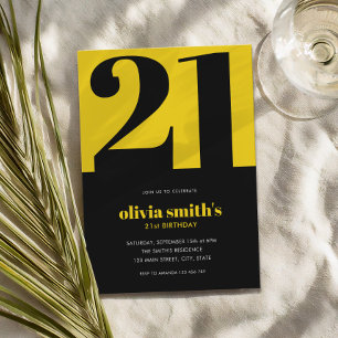 Modern Minimalist Blue Yellow 21st Birthday Invitation