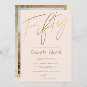 Modern minimalist blush gold photo surprise fifty invitation