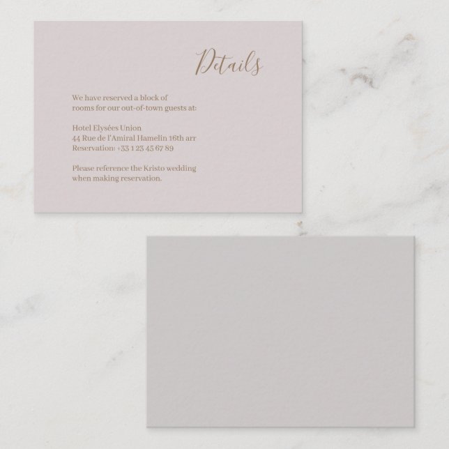 Modern Minimalist Blush Gold Wedding Hotel Detail Enclosure Card (Front/Back)
