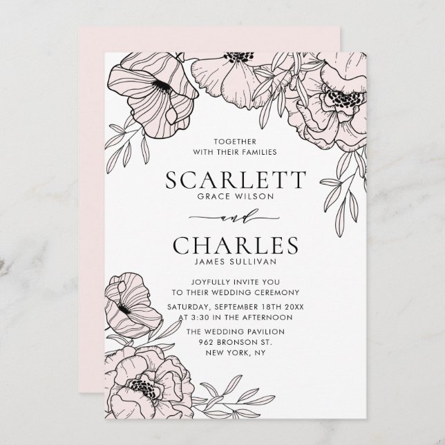 Modern Minimalist Blush Pink Flowers Wedding Invitation (Front/Back)