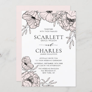 Modern Minimalist Blush Pink Flowers Wedding Invitation