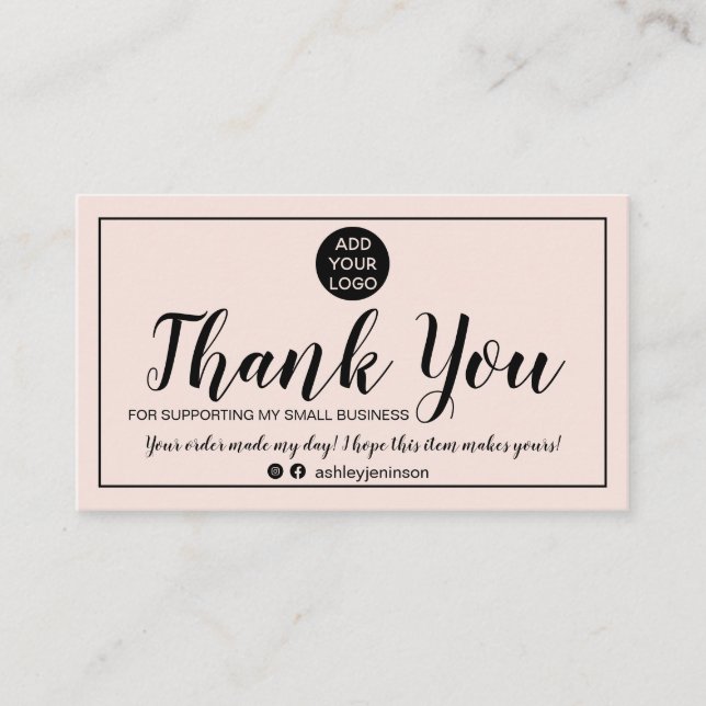 Modern minimalist blush pink order thank you business card (Front)
