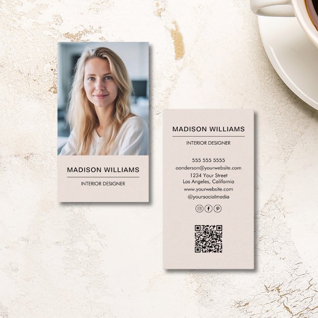 Modern Minimalist Blush Pink Photo QR Social Media Business Card (Modern Minimalist Blush Pink Photo QR Social Media Business Card)