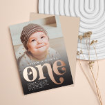 Modern Minimalist Boho First Birthday Photo<br><div class="desc">A modern and minimalist first birthday photo featuring a boho and bohemian retro style foil typography of "One" in the bottom centre and a cute photo of your baby. Personalise the details and picture. The colour of the background is a boho brown colour.</div>