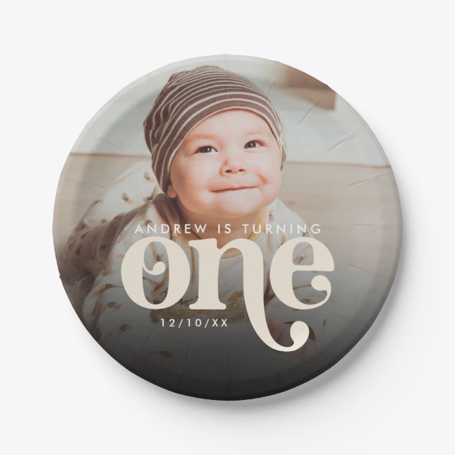 Modern Minimalist Boho First Birthday Photo  Paper Plate (Front)