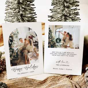 Modern Minimalist Boho Happy Holidays Arched Photo Invitation