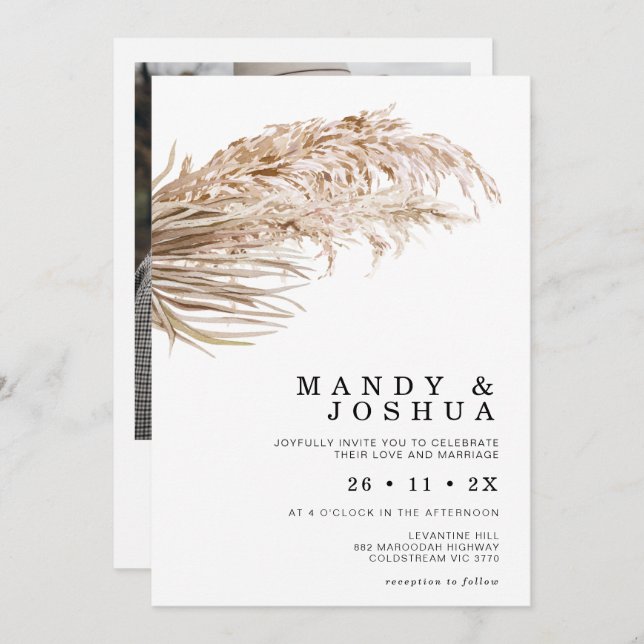 Modern Minimalist Boho Palm Pampas Grass Wedding Invitation (Front/Back)