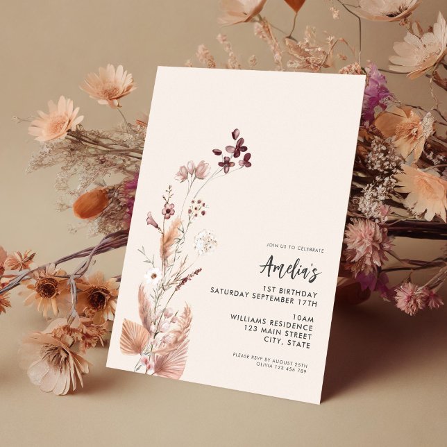 Modern Minimalist Boho Wildflower 1st Birthday Invitation (Creator Uploaded)