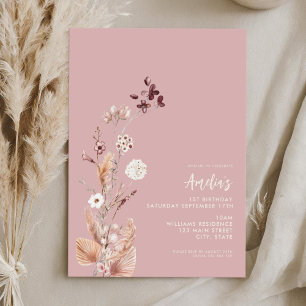 Modern Minimalist Boho Wildflower 1st Birthday Invitation