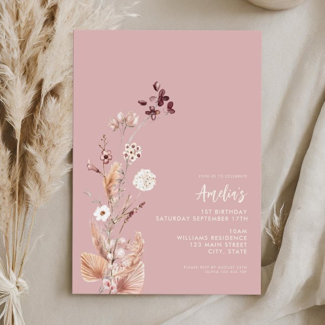 Modern Minimalist Boho Wildflower 1st Birthday Invitation (Creator Uploaded)