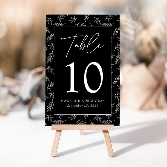 Modern Minimalist Botanical Black Wedding Table Number (Creator Uploaded)