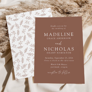 Modern Minimalist Botanical Brown Clay Wedding Invitation