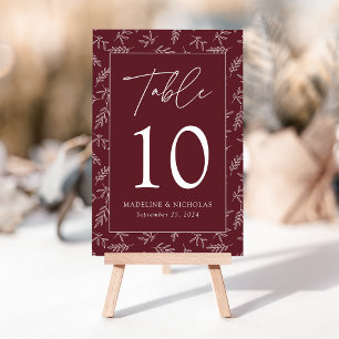 Modern Minimalist Botanical Merlot Wedding Table Number