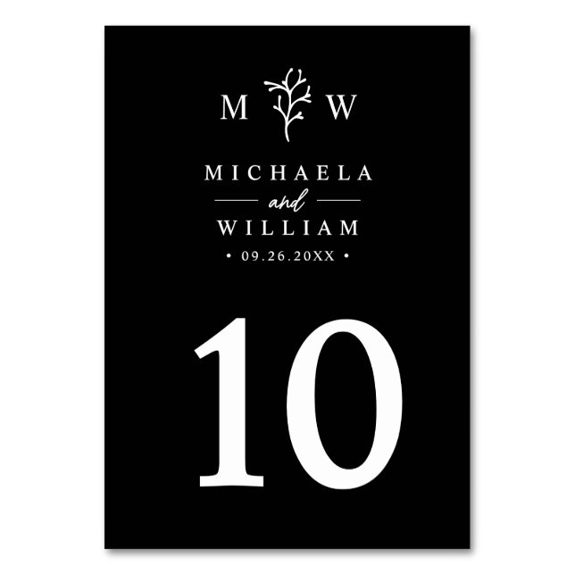 Modern Minimalist Botanical Monogram Wedding Table Number (Front)