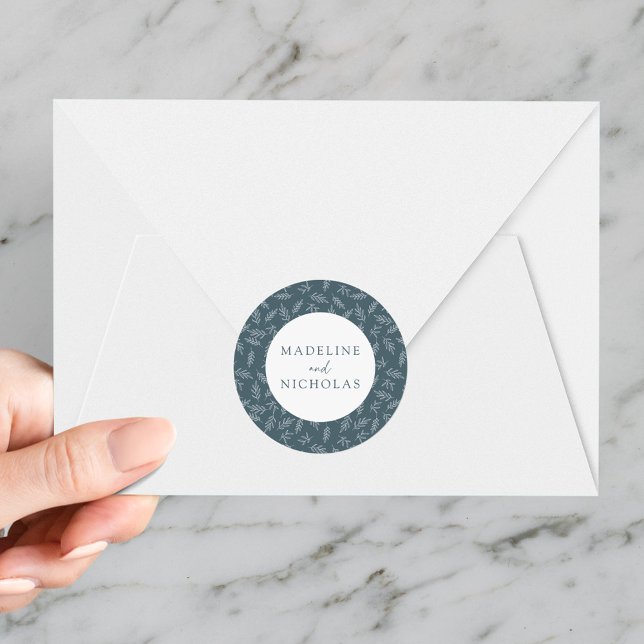 Modern Minimalist Botanical Slate Blue Wedding Classic Round Sticker (Creator Uploaded)