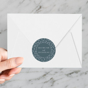 Modern Minimalist Botanical Slate Blue Wedding Classic Round Sticker