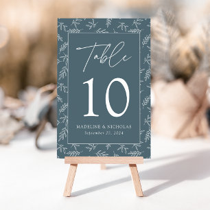 Modern Minimalist Botanical Smoky Blue Wedding Table Number