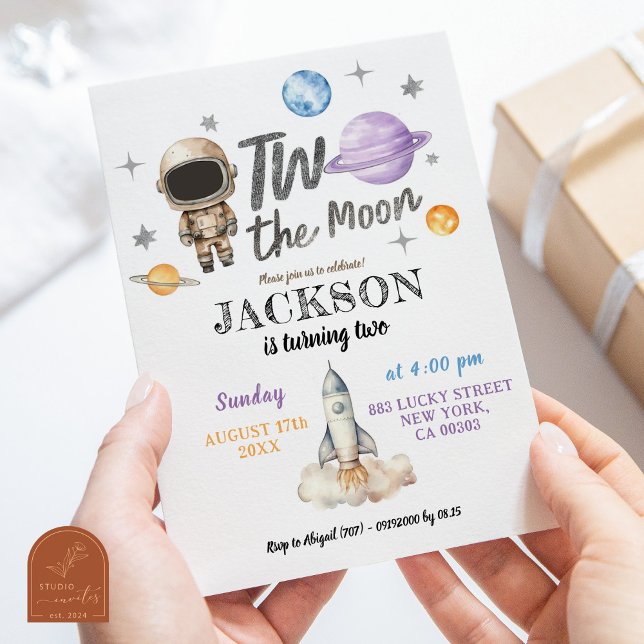 Modern Minimalist Boy Planet Two The Moon Birthday Invitation (Creator Uploaded)