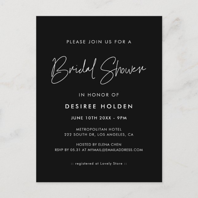 Modern minimalist bridal shower invitation postcard (Front)